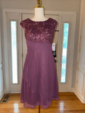 Alex Evenings Mauve Purple Lace Bodice Midi Dress